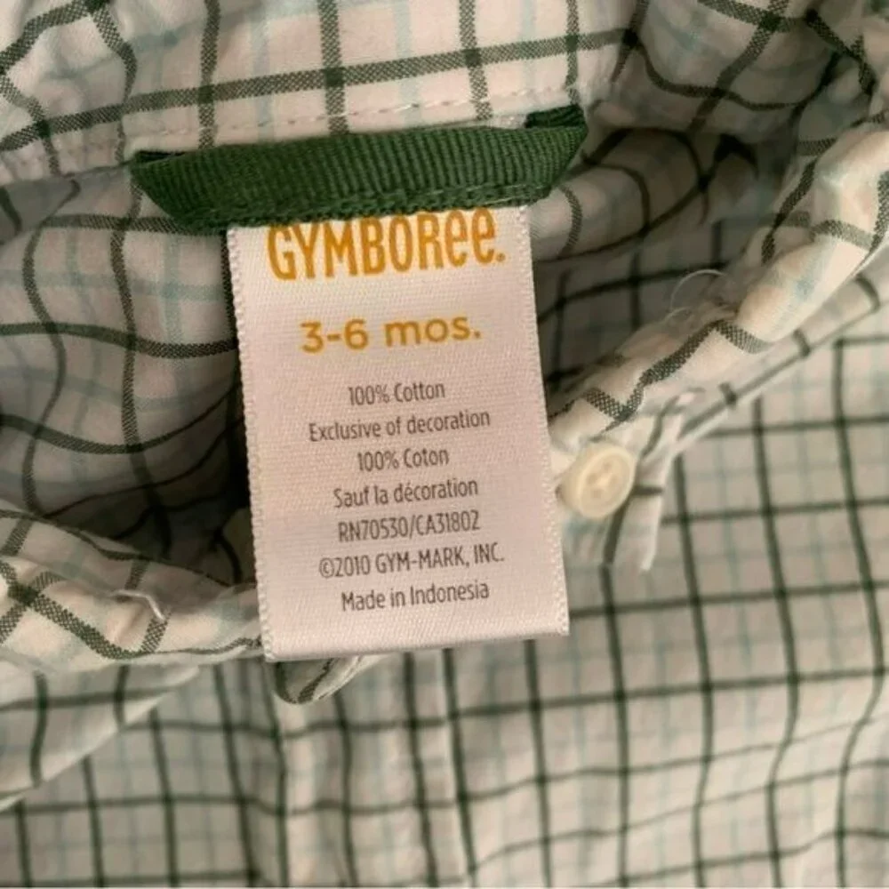 Gymboree baby boys green white blue checkered long sleeve button up -3/6M